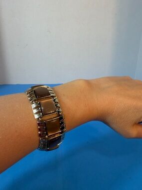 Chunky Silver Tone Bracelet with Brown Inset Panels